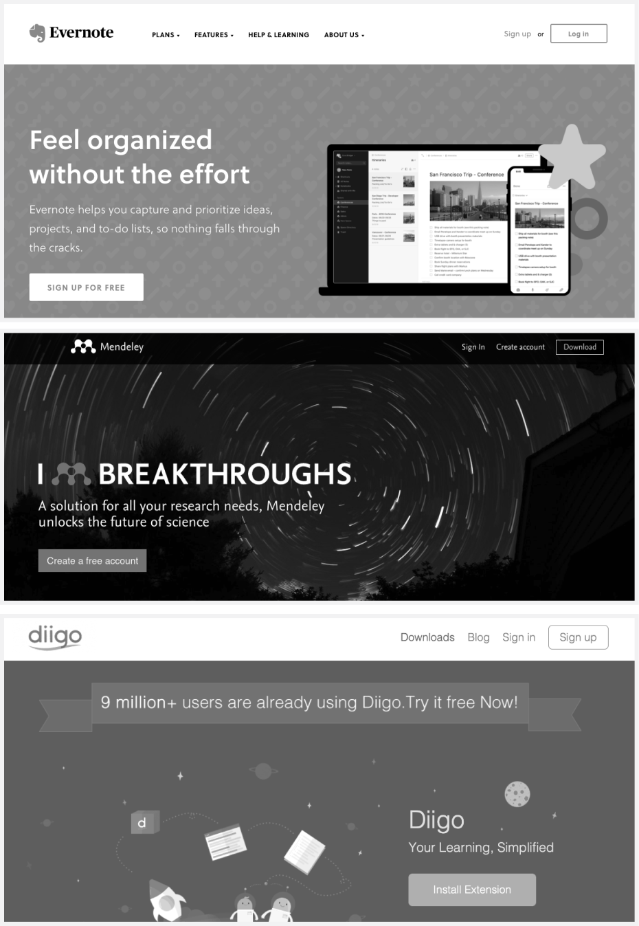 snapshots of three competitors' website landing pages