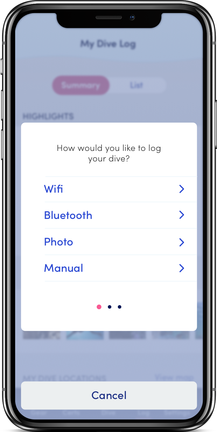 Screen showing options for how to log a dive, shown in an iPhone