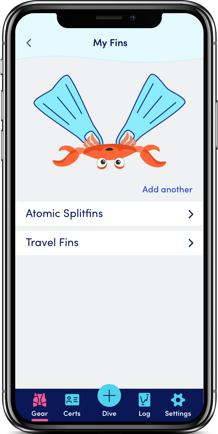 Screen showing a user's saved fins, shown in an iPhone