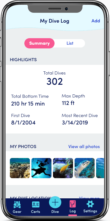 Gif recording of a user scrolling through their dive summary and toggling between summary and list views, shown in an iPhone