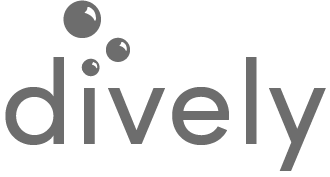 Black and white logo in which 3 bubbles rise from the letter i in dively