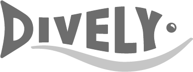 Black and white logo in which the word dively is formed in the shape of a fish