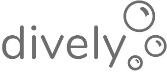 Black and white logo in which 3 bubbles appear after the word dively