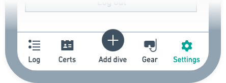 Revised navbar mockup including Log, Certs, Add Dive, Gear, and Settings buttons