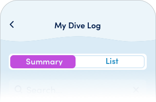 snapshot of Dive Log screen where Summary and List are on opposite sides of a long purple and white toggle