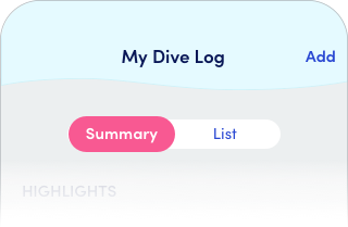 snapshot of Dive Log screen where Summary and List are on opposeite sides of a simplified pink and white toggle
