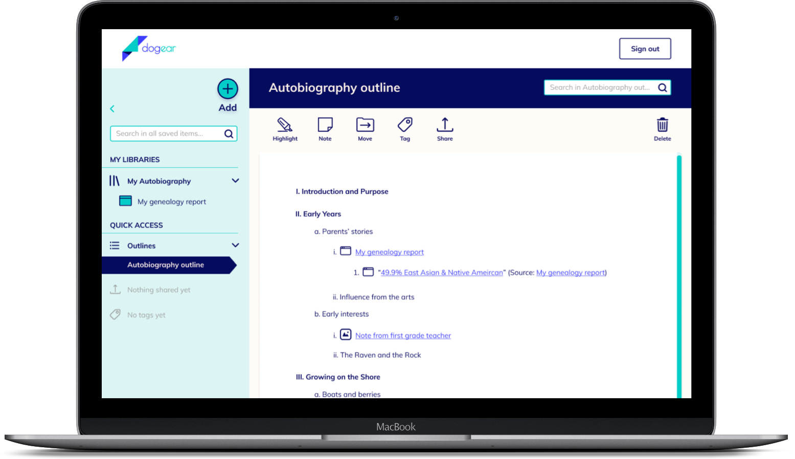 A writing project outine shown in the dogear dashboard on a laptop