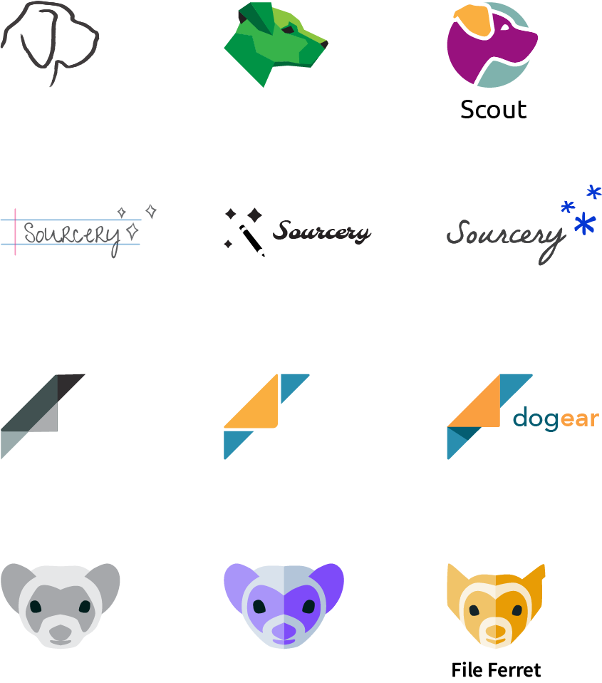 three iterations each of four logo and name otpions considered: Scout, Sourcery, dogear, and File Ferret