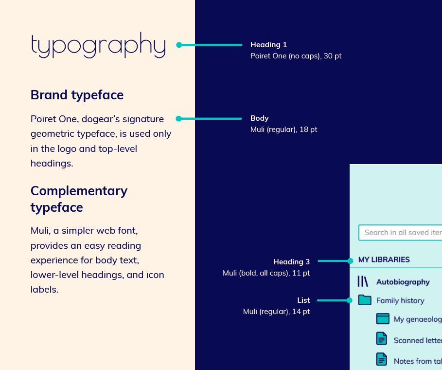 a section of one style guide page, showing typography specifications